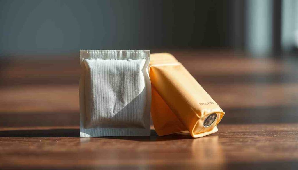 Eine hochwertige Nahaufnahme von zwei kleinen, zylindrischen Snus- und Nikotinbeuteln, die nebeneinander auf einer Holzoberfläche liegen und die deutlichen Unterschiede in ihrem Aussehen und ihrer Form zeigen. Die Beleuchtung ist weich und natürlich und betont die Texturen und Farben der Produkte. Das Bild hat eine klare, minimalistische Ästhetik mit einem unscharfen Hintergrund, der den Fokus auf die beiden Beutel lenkt. Aufgenommen mit einer Sony A7R IV 70-mm-Linse mit Polarisationsfilter, was zu einer scharfen, detailreichen und visuell ansprechenden Darstellung des Themas „Unterschiede zwischen Snus und Nikotinbeuteln” führt.
