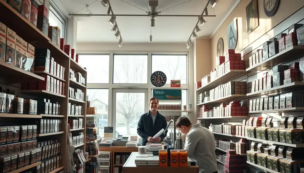 Innenraum eines Snus-Shops, gut beleuchtet durch natürliches Sonnenlicht, das durch große Fenster hereinströmt. Regale mit verschiedenen Snus-Produkten, ordentlich angeordnet. Ein freundlicher Ladenbesitzer steht hinter der Theke und ist bereit, Kunden zu bedienen. Die Atmosphäre ist einladend, mit einem Hauch von skandinavischem Minimalismus. Das Bild fängt die Bequemlichkeit und Zugänglichkeit des lokalen Snus-Kaufs ein und zeigt einen typischen Snus-Händler in der Nachbarschaft. Aufgenommen mit einer Sony A7R IV 70 mm, klar fokussiert, scharf definiert, Polarisationsfilter, Digitalfotografie.
