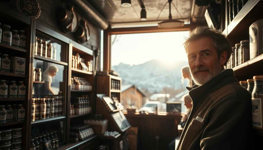 Ein gemütlicher Tabakladen im Herzen einer malerischen sibirischen Stadt, dessen Regale vom unverwechselbaren Aroma von Siberia Snus erfüllt sind. Die sanften Sonnenstrahlen fallen durch die großen Fenster des Ladens und tauchen die sorgfältig zusammengestellte Auswahl an Schnupftabakprodukten in ein warmes Licht. Im Vordergrund steht ein sachkundiger Ladenbesitzer bereit, um Kunden zu bedienen, dessen Augen eine echte Leidenschaft für sein Handwerk vermitteln. Im Mittelgrund offenbart sich das elegante Interieur des Ladens mit Holzausstattung und dezentem, skandinavisch inspiriertem Dekor. Im Hintergrund erhebt sich majestätisch eine schneebedeckte Bergkette, die auf die raue Schönheit der sibirischen Landschaft dahinter hinweist. Dieses Bild fängt die Essenz des lokalen Snus-Erlebnisses ein und lädt den Betrachter ein, in eine Welt der Tradition und Qualität einzutauchen.

